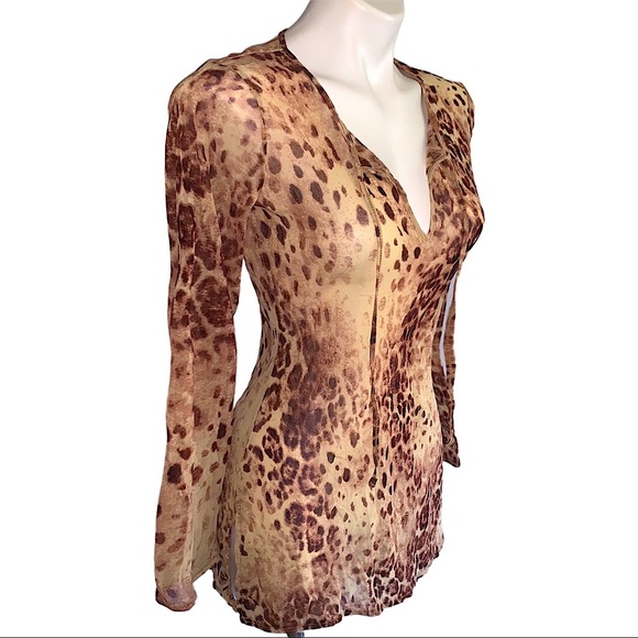 Retro Y2K Sheer Animal Print Mesh Nylon Leopard Tunic Shirt - Picture 2 of 8